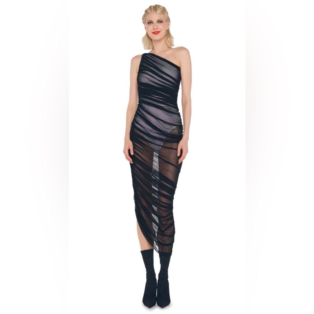 Norma Kamali Diana Sheer Ruched Asymmetric Gown